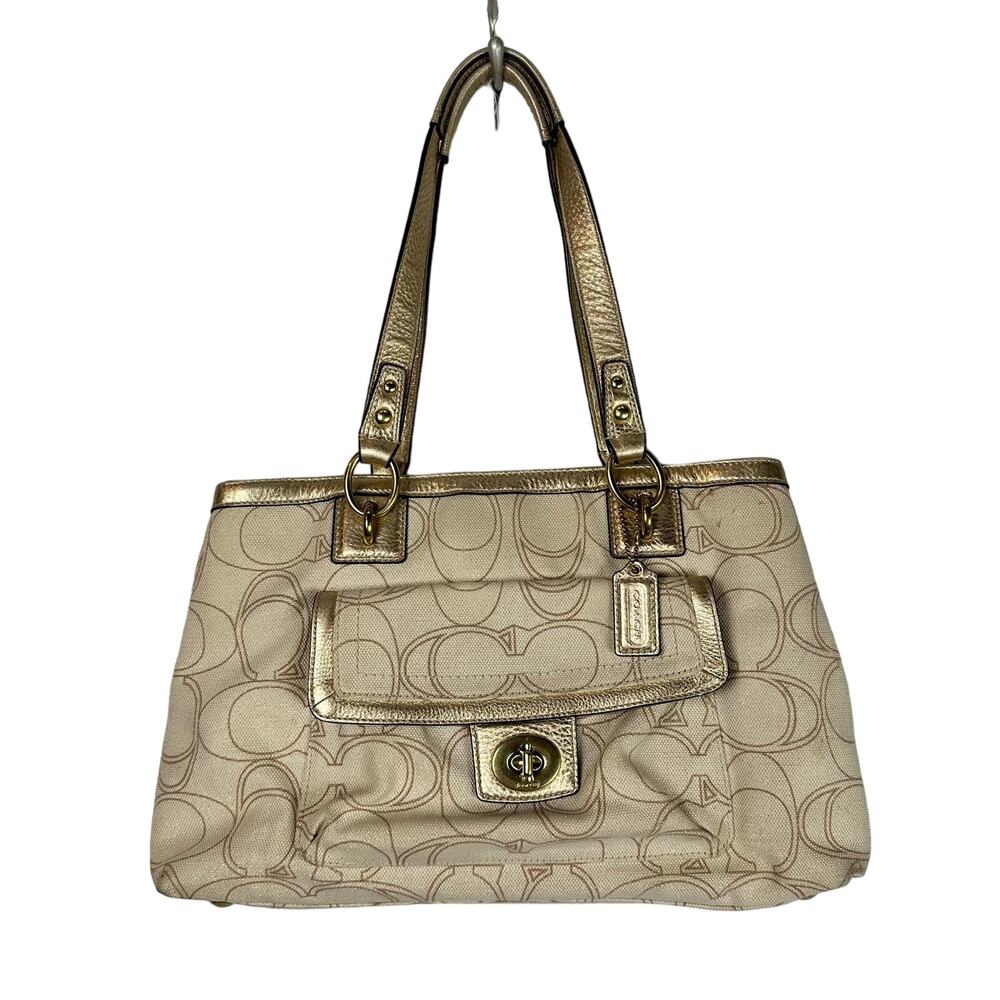 Coach Penelope Carryall Signature Beige and Gold Linen Handbag Luxury Monogram
